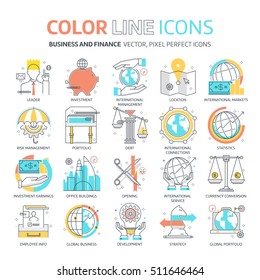 Color line, business and finance illustrations, icons, backgrounds and graphics. The illustration is colorful, flat, vector, pixel perfect, suitable for web and print. It is linear stokes and fills.