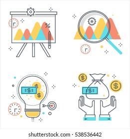 Color line, business and finance illustrations, icons, backgrounds and graphics. The illustration is colorful, flat, vector, pixel perfect, suitable for web and print. It is linear stokes and fills.