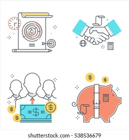 Color line, business and finance illustrations, icons, backgrounds and graphics. The illustration is colorful, flat, vector, pixel perfect, suitable for web and print. It is linear stokes and fills.