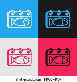Color line Calendar with a fish icon isolated on color background. Day of fish. Vintage style drawing. Vector Illustration