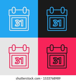 Color line Calendar with Halloween date 31 october icon isolated on color background. Happy Halloween party. Vintage style drawing. Vector Illustration