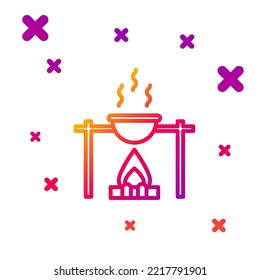 Color line Campfire and pot icon isolated on white background. Fire camping cooking in cauldron on firewood and flame. Gradient random dynamic shapes. Vector Illustration
