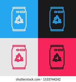 Color line Can with recycle symbol and can icon isolated on color background. Trash can icon. Garbage bin sign. Recycle basket sign. Vintage style drawing. Vector Illustration