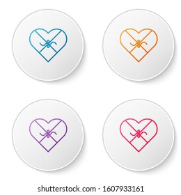 Color line Candy in heart shaped box and bow icon isolated on white background. Valentines Day. Set icons in circle buttons. Vector Illustration