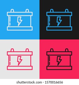 Color line Car battery icon isolated on color background. Accumulator battery energy power and electricity accumulator battery. Lightning bolt. Vintage style drawing. Vector Illustration