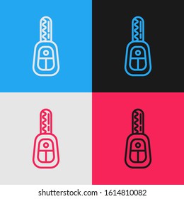Color line Car key with remote icon isolated on color background. Car key and alarm system. Vintage style drawing. Vector Illustration