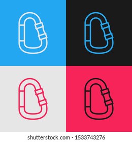 Color line Carabiner icon isolated on color background. Extreme sport. Sport equipment. Vintage style drawing. Vector Illustration