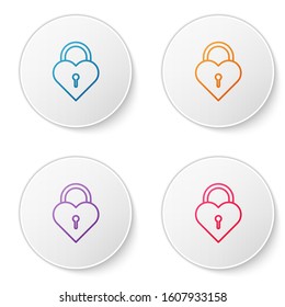 Color line Castle in the shape of a heart icon isolated on white background. Locked Heart. Love symbol and keyhole sign. Set icons in circle buttons. Vector Illustration
