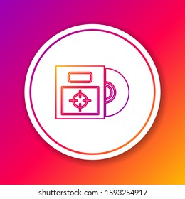 Color line CD or DVD disk in box icon isolated on color background. Compact disc sign. Circle white button. Vector Illustration