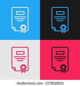 Color line Certificate template icon isolated on color background. Achievement, award, degree, grant, diploma. Business success certificate. Vintage style drawing. Vector Illustration