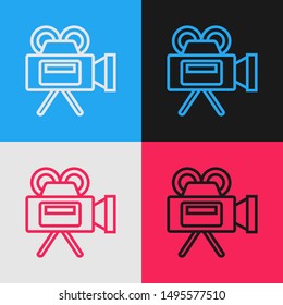 Color line Cinema camera icon isolated on color background. Video camera. Movie sign. Film projector. Vintage style drawing. Vector Illustration