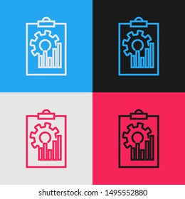 Color line Clipboard with graph chart icon isolated on color background. Report text file icon. Accounting sign. Audit, analysis, planning. Vintage style drawing. Vector Illustration