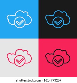 Color line Cloud with check mark icon isolated on color background. Cloud storage data protection. Cloud computing. Vintage style drawing. Vector Illustration