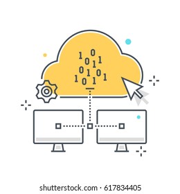 Color line, cloud hosting illustration, icon, background and graphics. The illustration is colorful, flat, vector, pixel perfect, suitable for web and print. It is linear stokes and fills.