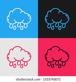 Color line Cloud with rain icon isolated on color background. Rain cloud precipitation with rain drops. Vintage style drawing. Vector Illustration
