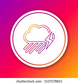 Color line Cloud with rain and lightning icon isolated on color background. Rain cloud precipitation with rain drops.Weather icon of storm. Circle white button. Vector Illustration