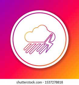 Color line Cloud with rain and lightning icon isolated on color background. Rain cloud precipitation with rain drops.Weather icon of storm. Circle white button. Vector Illustration