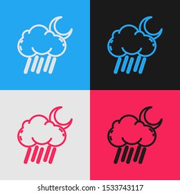 Color line Cloud with rain and moon icon isolated on color background. Rain cloud precipitation with rain drops. Vintage style drawing. Vector Illustration