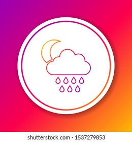 Color line Cloud with rain and moon icon isolated on color background. Rain cloud precipitation with rain drops. Circle white button. Vector Illustration