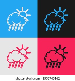 Color line Cloud with rain and sun icon isolated on color background. Rain cloud precipitation with rain drops. Vintage style drawing. Vector Illustration