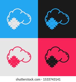 Color line Cloud with snow icon isolated on color background. Cloud with snowflakes. Single weather icon. Snowing sign. Vintage style drawing. Vector Illustration