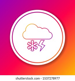 Color line Cloud with snow and lightning icon isolated on color background. Cloud with snowflakes. Single weather icon. Snowing sign. Circle white button. Vector Illustration