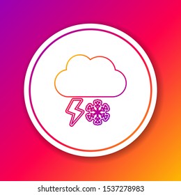 Color line Cloud with snow and lightning icon isolated on color background. Cloud with snowflakes. Single weather icon. Snowing sign. Circle white button. Vector Illustration