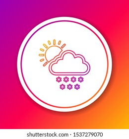 Color line Cloud with snow and sun icon isolated on color background. Cloud with snowflakes. Single weather icon. Snowing sign. Circle white button. Vector Illustration