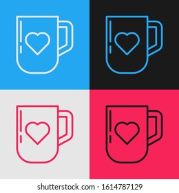 Color line Coffee cup and heart icon isolated on color background. Couple coffee for lovers on Valentines Day. Vintage style drawing. Vector Illustration