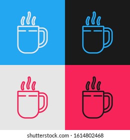 Color line Coffee cup icon isolated on color background. Tea cup. Hot drink coffee. Vintage style drawing. Vector Illustration
