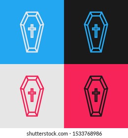 Color line Coffin with christian cross icon isolated on color background. Happy Halloween party. Vintage style drawing. Vector Illustration