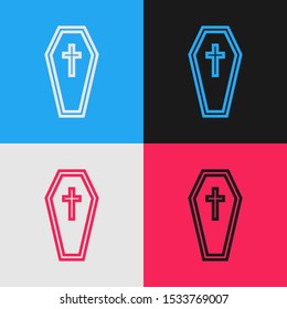 Color line Coffin with christian cross icon isolated on color background. Happy Halloween party. Vintage style drawing. Vector Illustration