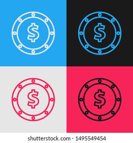 Color line Coin money with dollar symbol icon isolated on color background. Banking currency sign. Cash symbol. Vintage style drawing. Vector Illustration