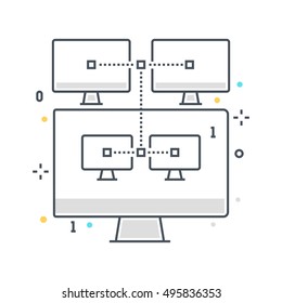 Color line, computer connection illustration, icon, background and graphics. The illustration is colorful, flat, vector, pixel perfect, suitable for web and print. It is linear stokes and fills.