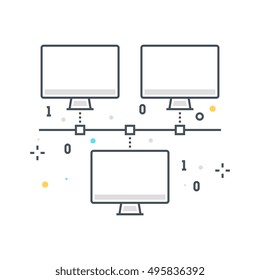 Color line, computer connection illustration, icon, background and graphics. The illustration is colorful, flat, vector, pixel perfect, suitable for web and print. It is linear stokes and fills.