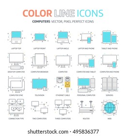 Color line, computer connection illustrations, icons, backgrounds and graphics. The illustration is colorful, flat, vector, pixel perfect, suitable for web and print. It is linear stokes and fills.