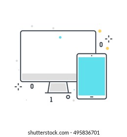 Color line, computer,  mobile device  illustration, icon, background and graphics. The illustration is colorful, flat, vector, pixel perfect, suitable for web and print. It is linear stokes and fills.