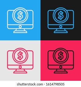 Color line Computer monitor with dollar symbol icon isolated on color background. Online shopping concept. Earnings in the Internet, marketing. Vintage style drawing. Vector Illustration