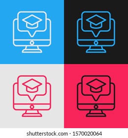 Color line Computer monitor with graduation cap icon isolated on color background. Online learning or e-learning concept. Vintage style drawing. Vector Illustration