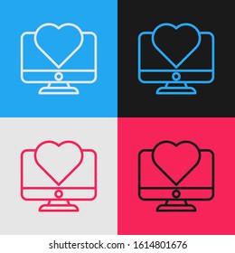 Color line Computer monitor with heart icon isolated on color background. Valentines day. Vintage style drawing. Vector Illustration