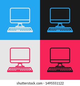 Color line Computer monitor with keyboard icon isolated on color background. PC component sign. Vintage style drawing. Vector Illustration