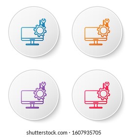 Color line Computer monitor with screwdriver and wrench icon isolated on white background. Adjusting, service, setting, maintenance, repair. Set icons in circle buttons. Vector Illustration