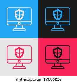 Color line Computer monitor and shield icon isolated on color background. Security, firewall technology, internet privacy safety or antivirus. Vintage style drawing. Vector Illustration