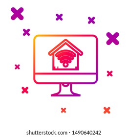 Color line Computer monitor with smart home with wi-fi icon isolated on white background. Remote control. Gradient random dynamic shapes. Vector Illustration Color line Computer monitor with smart home with wi-fi icon isolated on white background. Remote control. Gradient random dynamic shapes. Vector Illustration
