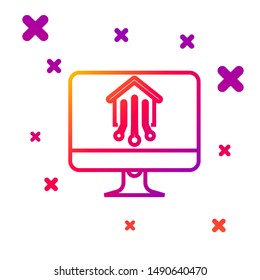 Color line Computer monitor with smart home icon isolated on white background. Remote control. Gradient random dynamic shapes. Vector Illustration