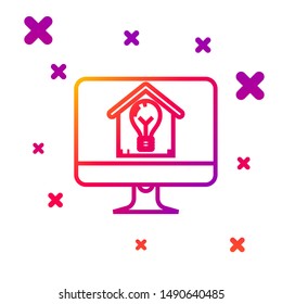 Color line Computer monitor with smart house and light bulb icon isolated on white background. Gradient random dynamic shapes. Vector Illustration