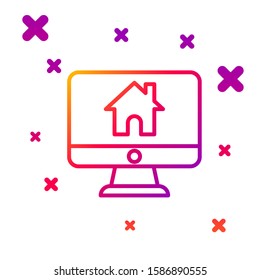 Color line Computer monitor with smart home icon isolated on white background. Remote control. Gradient random dynamic shapes. Vector Illustration