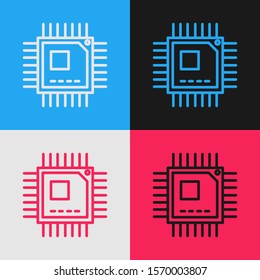 Color line Computer processor with microcircuits CPU icon isolated on color background. Chip or cpu with circuit board sign. Micro processor. Vintage style drawing. Vector Illustration