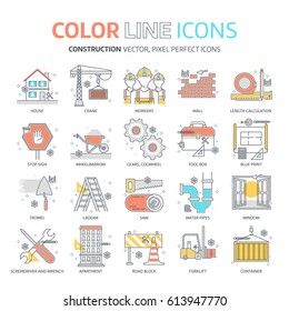 Color line,  construction illustrations, icons, backgrounds and graphics. The illustration is colorful, flat, vector, pixel perfect, suitable for web and print. It is linear stokes and fills.