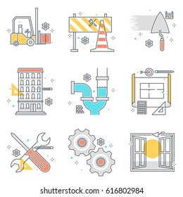 Color line, construction illustrations, icons. The illustration is colorful, flat, vector, pixel perfect, suitable for web and print. It is linear stokes and fills.